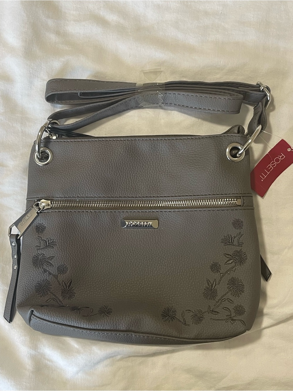 Rosetti Gray Floral-Embroidered Crossbody Bag